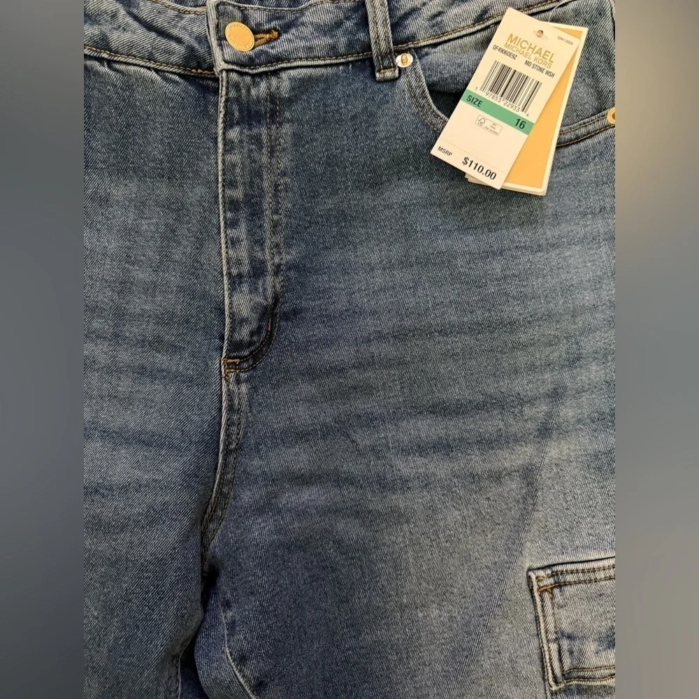 Michael Kors Womens Stone Wash Selma Cargo Bootcut High Rise Denim Jeans Size 16